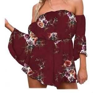 Burgandy Floral Off the Shoulder Romper